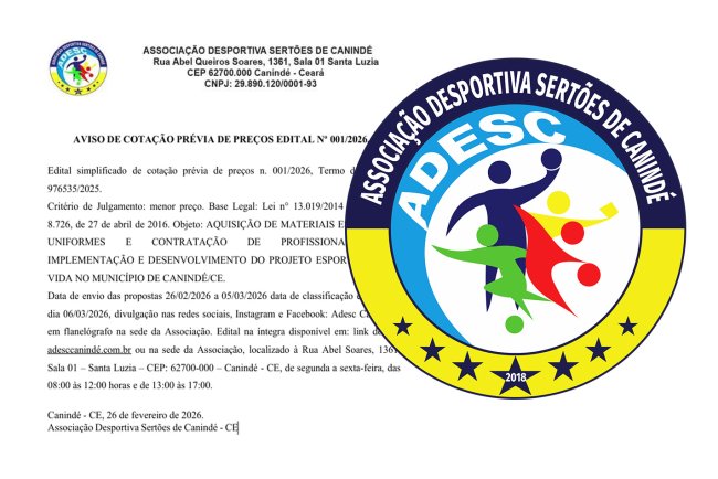 Associação Desportiva Sertões de Canindé abre edital para cotação de preços do Projeto “Esporte para a Vida”