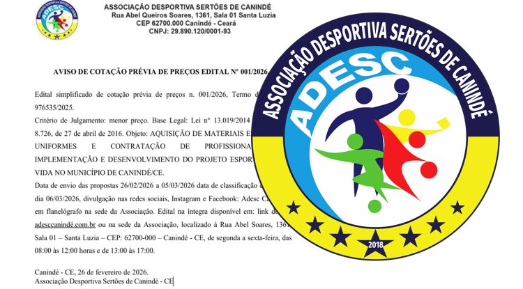 Associação Desportiva Sertões de Canindé abre edital para cotação de preços do Projeto “Esporte para a Vida”