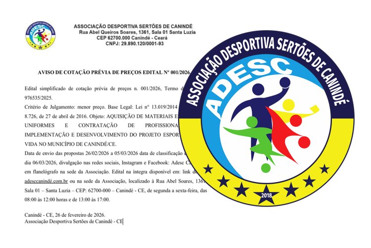 Associação Desportiva Sertões de Canindé abre edital para cotação de preços do Projeto “Esporte para a Vida”